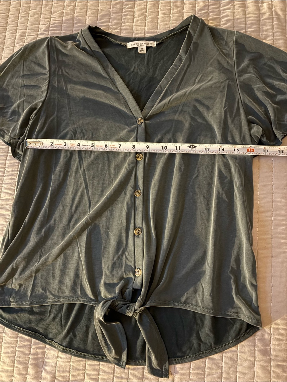 Green Envelope Light Green Tie-Front Button V-Neck Top - Picture 5 of 5